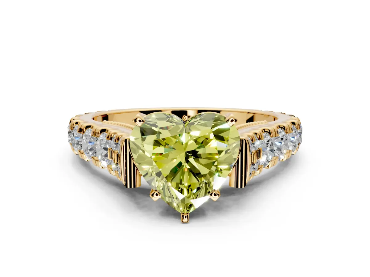 Solitaire Engagement Ring Setting for Fancy Yellow Heart-Shaped Center with Pave Cathedral Shoulders and Prong Head in Yellow Gold