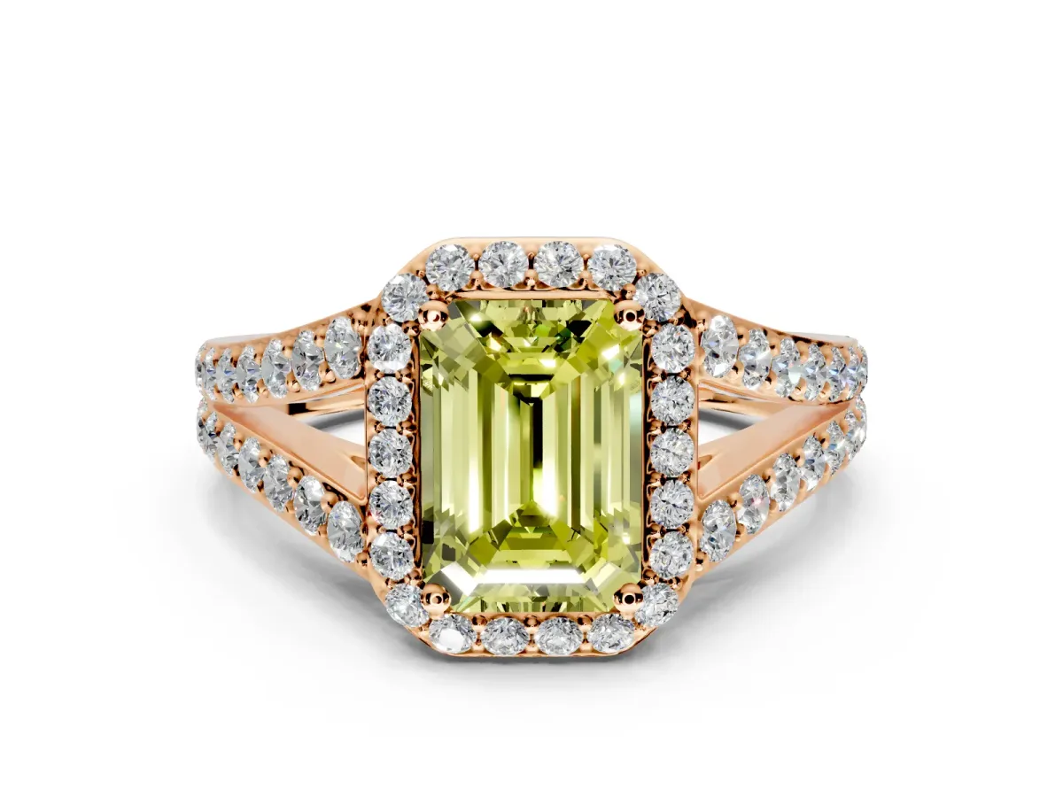 Halo Engagement Ring Setting for Fancy Yellow Emerald Cut Center with Narrow Pave Split Shank and Prong Head in Rose Gold