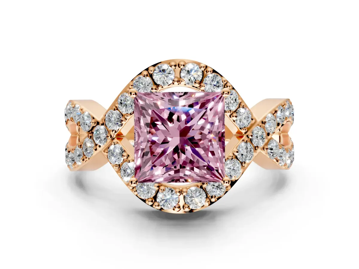 Halo Engagement Ring Setting for Fancy Pink Princess Cut Center with Pave Infinity Twist Band and Prong Head in Rose Gold