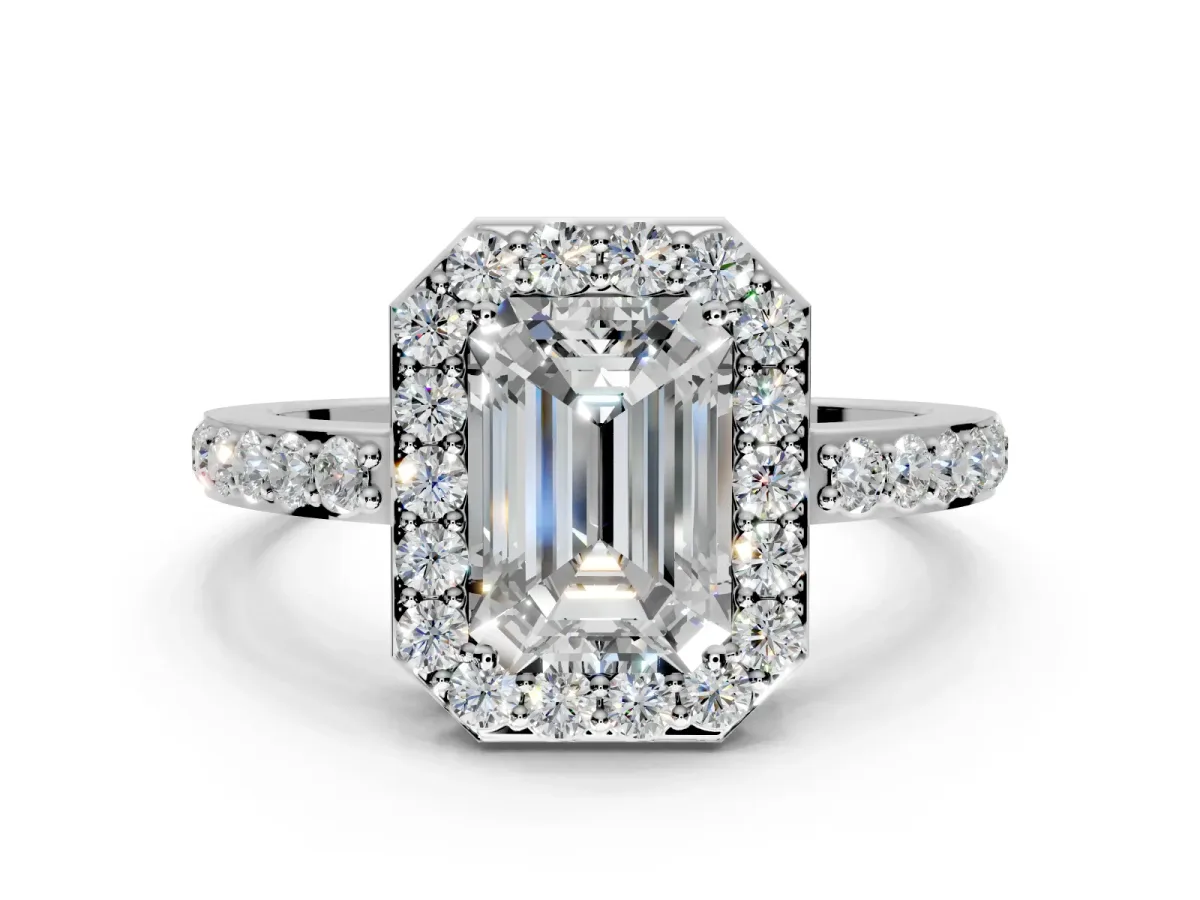 Halo Engagement Ring Setting for Emerald Cut Center with Heart-Shaped Openwork, Pave Band and Prong Head in White Gold