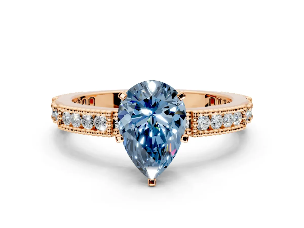 Solitaire Engagement Ring Setting for Fancy Blue Pear-Shaped Center with Milgrain-Edged Pave Band and Prong Head in Rose Gold