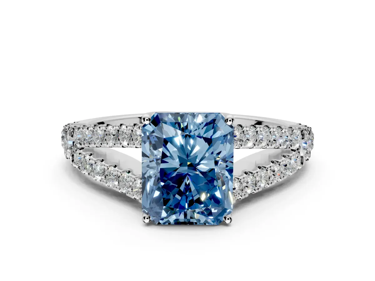 Solitaire Engagement Ring Setting for Fancy Blue Radiant Cut Center with Pave Split Shank and Prong Head in White Gold