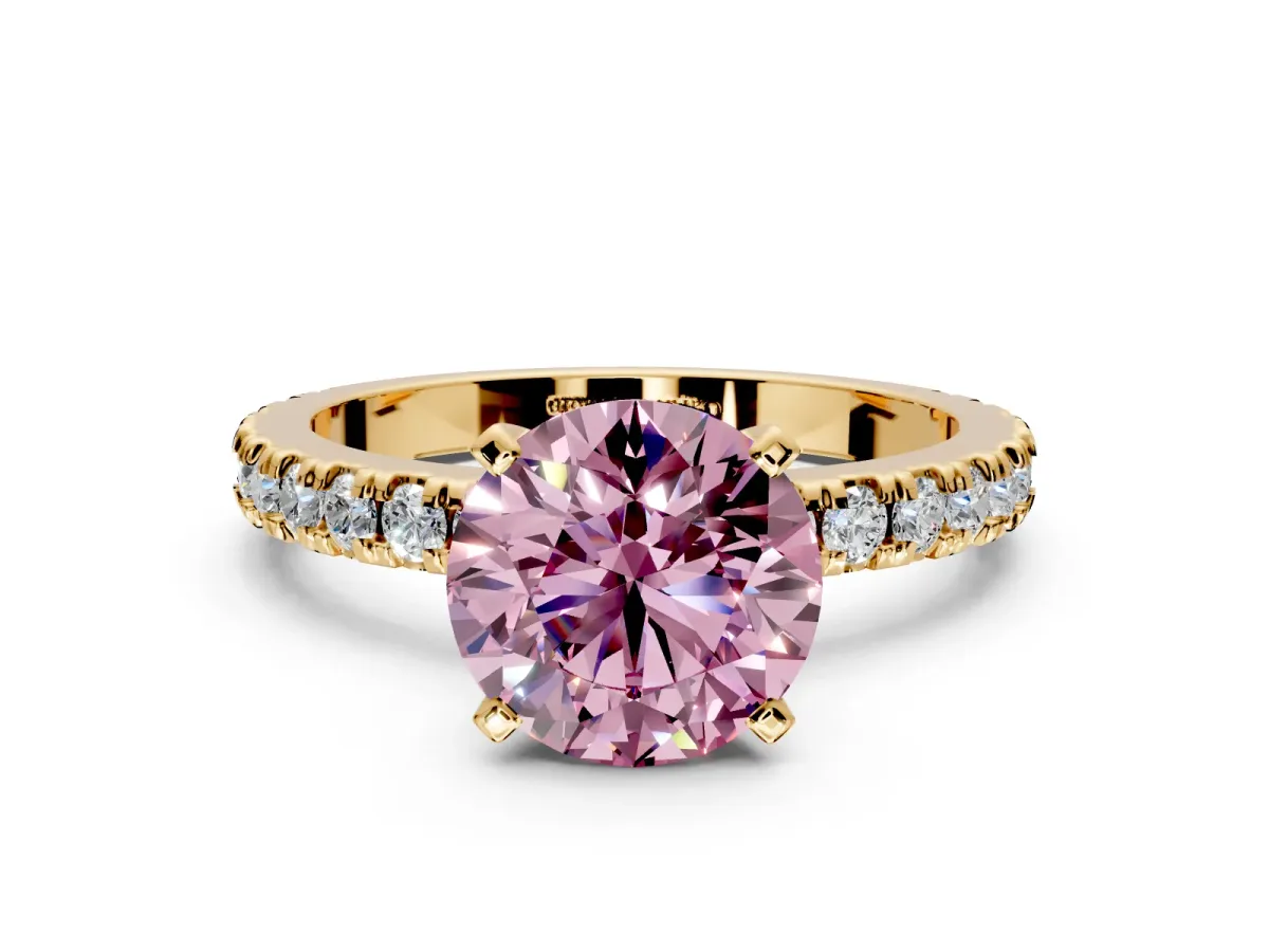 Solitaire Engagement Ring Setting for Fancy Pink Round Cut Center with Fine Pave Band and Claw Prong Head in Yellow Gold