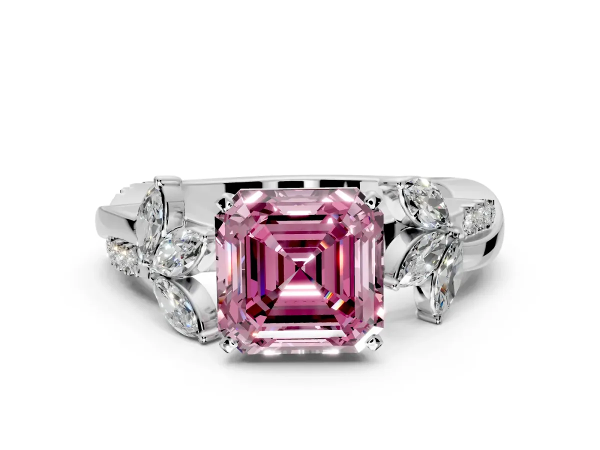 Floral Engagement Ring Setting for Fancy Pink Asscher Cut Center with Trailing Marquise Accents and Prong Head in Sterling Silver