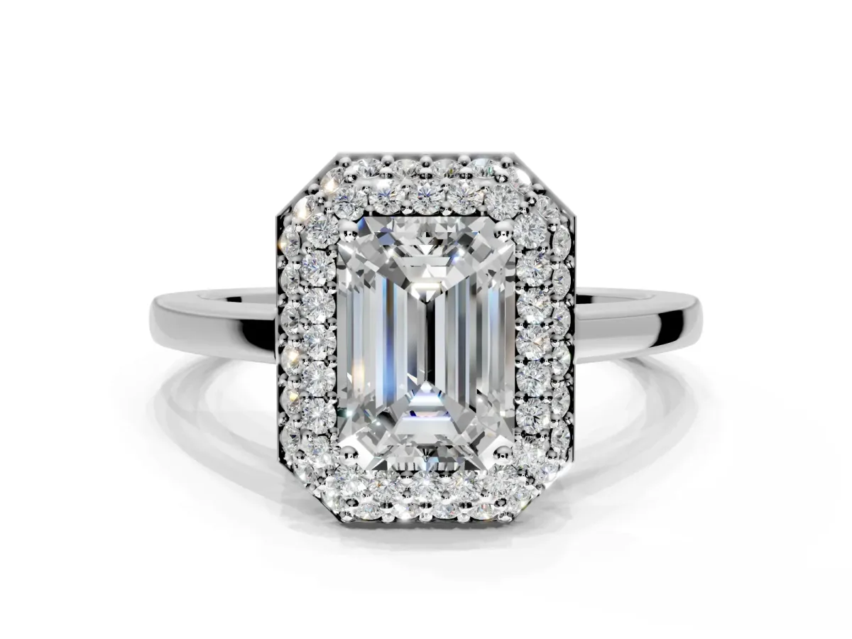 Halo Engagement Ring Setting for Emerald Cut Center with Plain Tapered Band and Prong Head in Sterling Silver