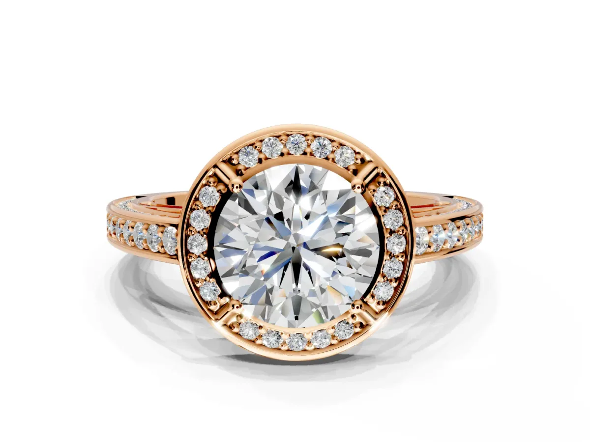 Halo Engagement Ring Setting for Round Cut Center with Framed Halo, Pave Band and Prong Head in Rose Gold