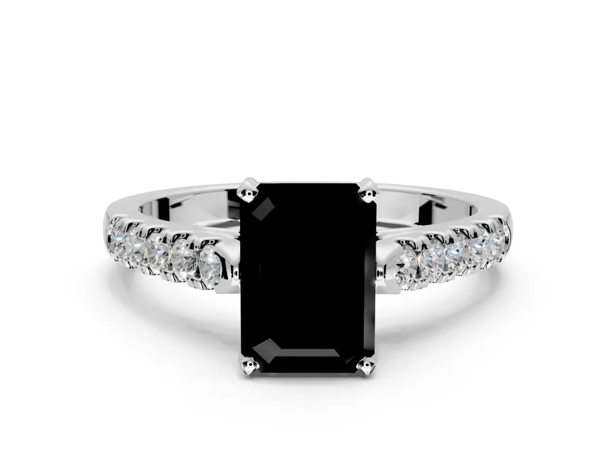 Solitaire Engagement Ring Setting for Fancy Black Emerald Cut Center with Partway Pave Band and Prong Head in Sterling Silver