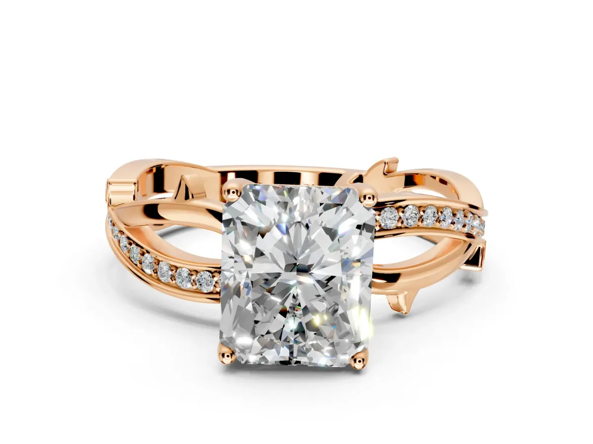 Solitaire Engagement Ring Setting for Radiant Cut Center with Pave and Plain Crossover Band and Prong Head in Rose Gold