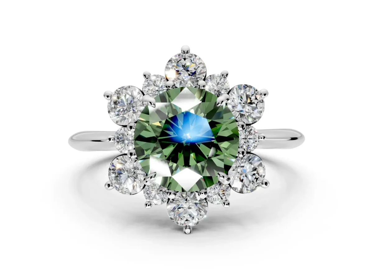 Small-Accent Cluster Halo Engagement Ring Setting for Fancy Green Round Cut Center with Plain Band and Prong Head in Sterling Silver