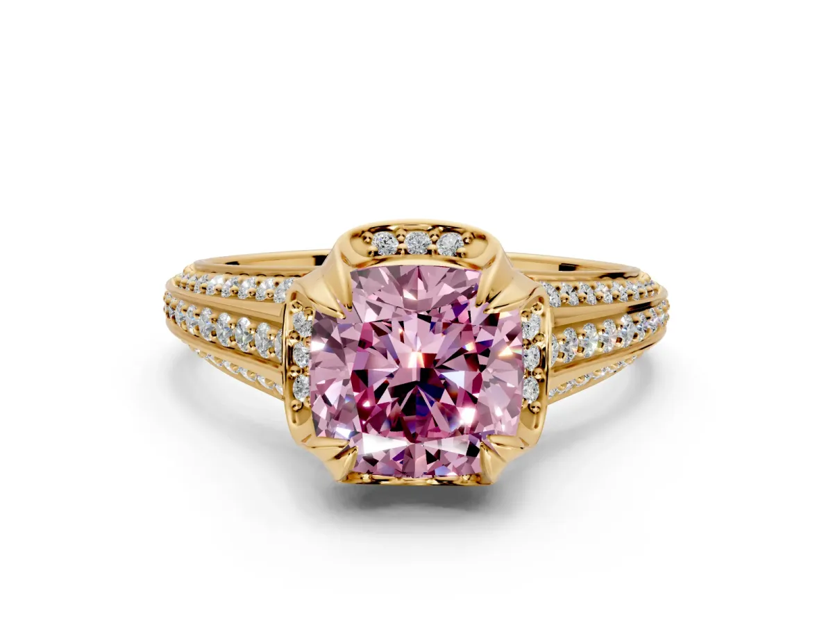Solitaire Engagement Ring Setting for Fancy Pink Cushion Cut Center with Accented Split Shank and Prong Head in Yellow Gold