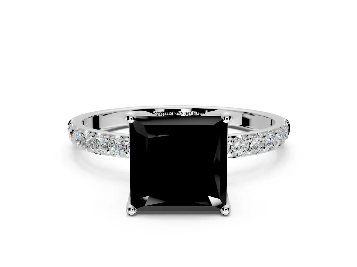 Solitaire Engagement Ring Setting for Fancy Black Princess Cut Center with Fine Pave Accents and Prong Head in White Gold