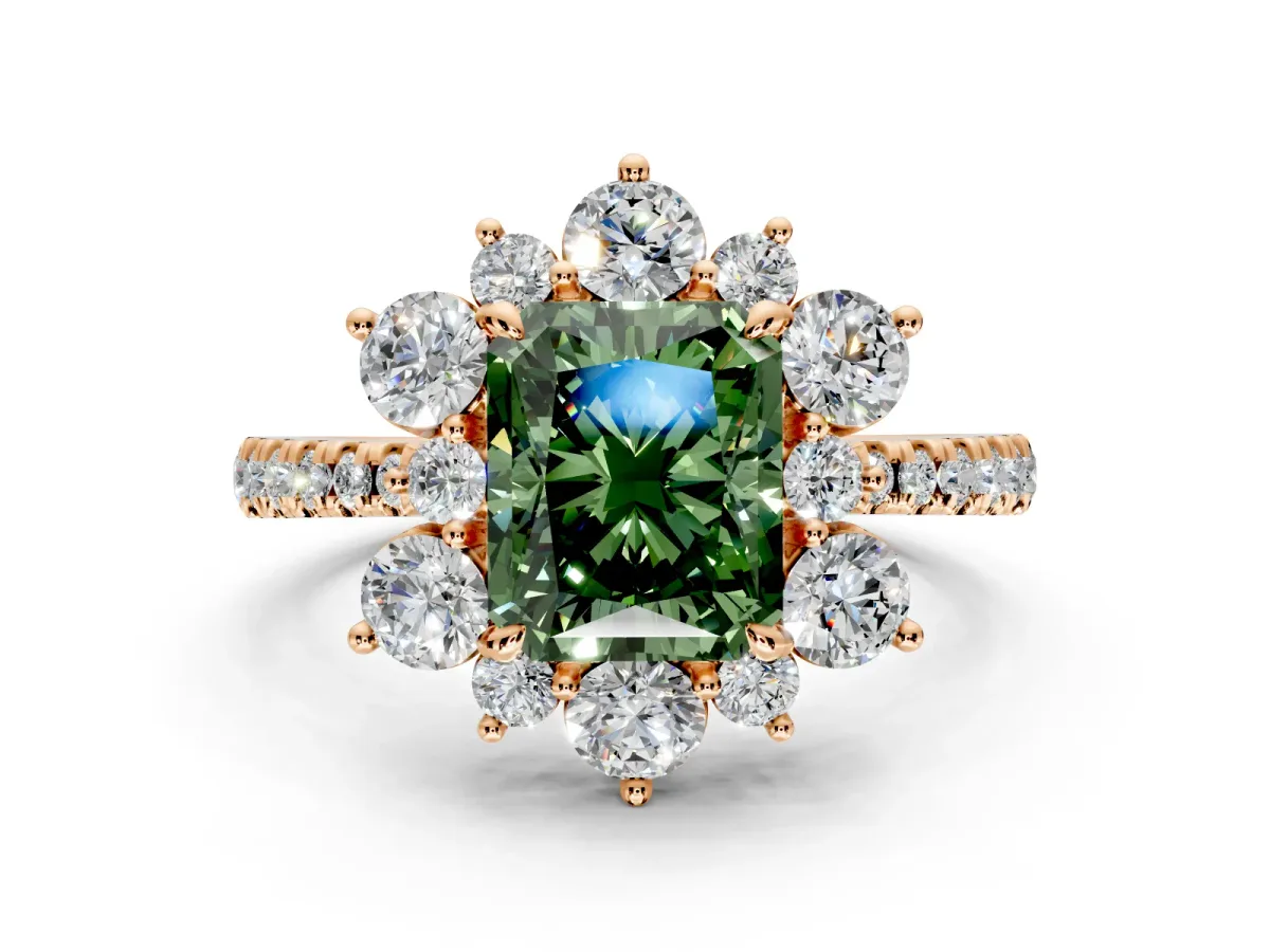 Floral Halo Engagement Ring Setting for Fancy Green Radiant Cut Center with Pave Accents and Prong Head in Rose Gold