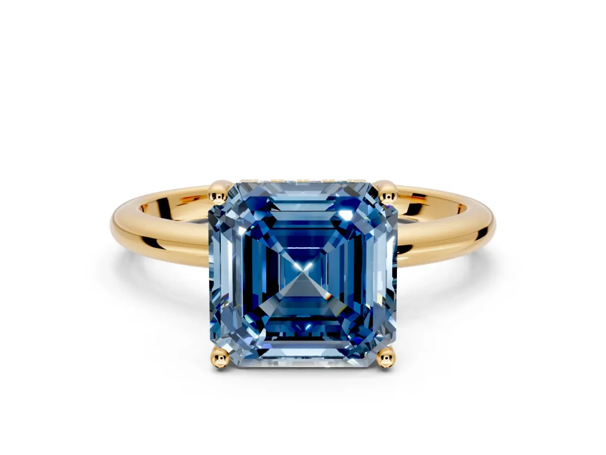 Hidden Halo Engagement Ring Setting for Fancy Blue Asscher Cut Center with Thin Round-Wire Band and Prong Head in Yellow Gold