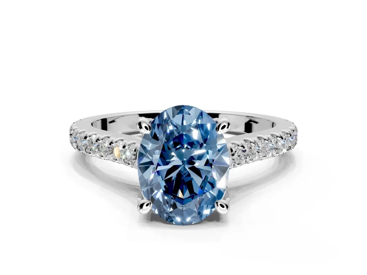 Solitaire Engagement Ring Setting for Fancy Blue Oval Center with Widening Pave Band and Claw Prong Head in Sterling Silver