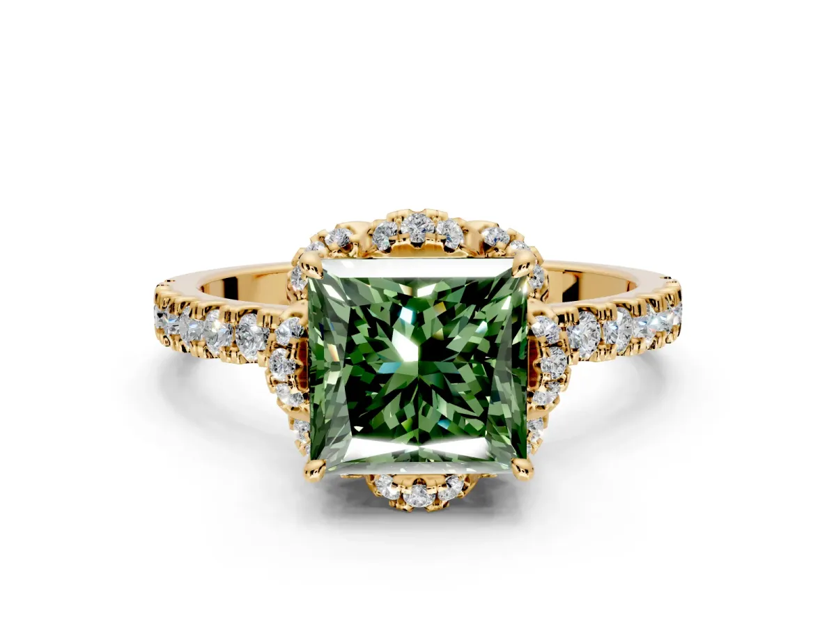 Halo Engagement Ring Setting for Fancy Green Princess Cut Center with Openwork Halo, Pave Band and Prong Head in Yellow Gold