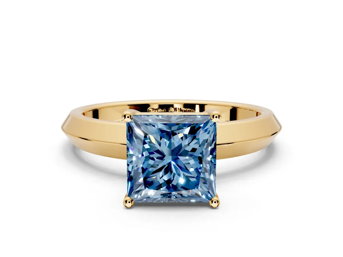 Solitaire Engagement Ring Setting for Fancy Blue Princess Cut Center with Wide Knife Ridge Band and Prong Head in Yellow Gold