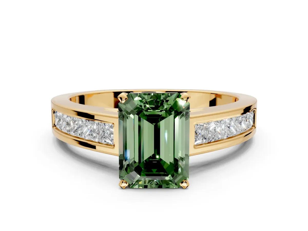 Solitaire Engagement Ring Setting for Fancy Green Emerald Cut Center with Princess Cut Channel Band and Prong Head in Yellow Gold