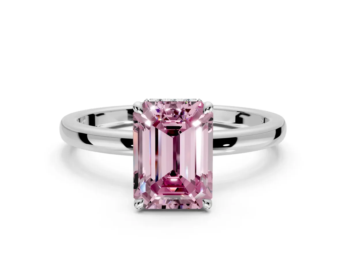 Hidden Halo Engagement Ring Setting for Fancy Pink Emerald Cut Center with Plain Band and Tall Prong Head in Platinum