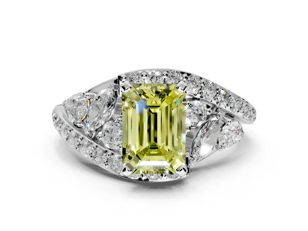 Halo Engagement Ring Setting for Fancy Yellow Emerald Cut Center with Marquise and Pave Bypass Band and Prong Head in Platinum