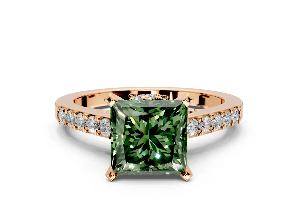 Solitaire Engagement Ring Setting for Fancy Green Princess Cut Center with Crossover Accents and Prong Head in Rose Gold