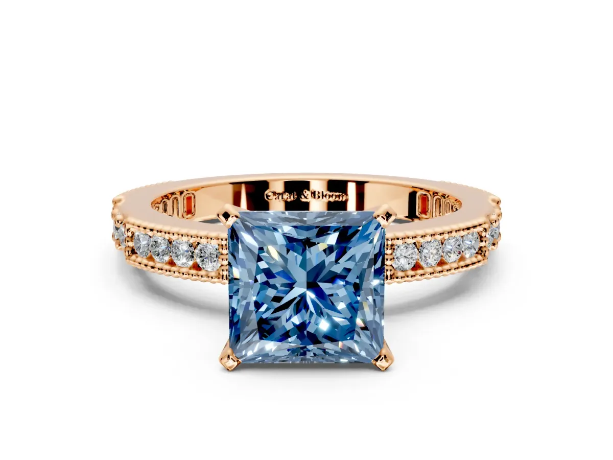 Solitaire Engagement Ring Setting for Fancy Blue Princess Cut Center with Milgrain-Edged Pave Band and Prong Head in Rose Gold