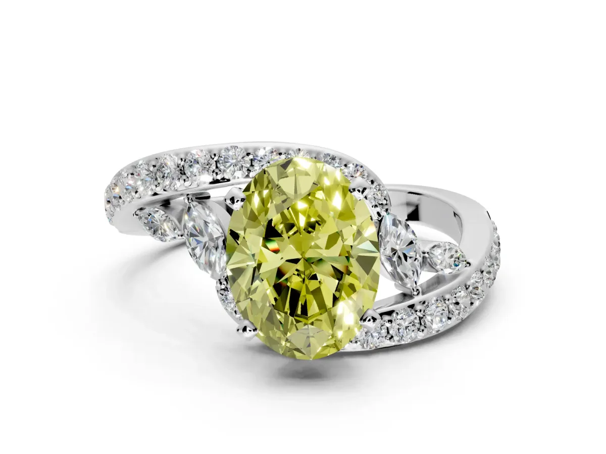 Solitaire Engagement Ring Setting for Fancy Yellow Oval Center with Pave Bypass Twist Band and Prong Head in Platinum