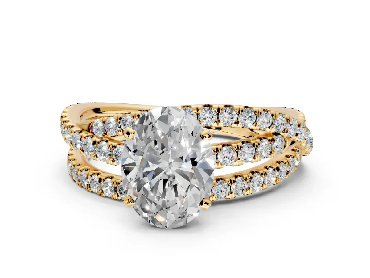 Solitaire Engagement Ring Setting for Oval Center with Woven 3-Strand Pave Band and Prong Head in Yellow Gold