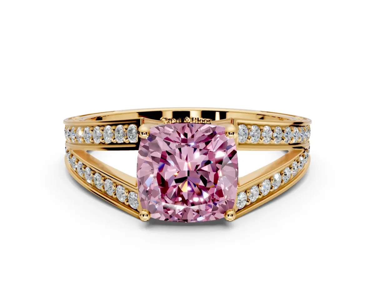Split Shank Engagement Ring Setting for Fancy Pink Cushion Cut Center with Pave Split Shank and Prong Head in Yellow Gold