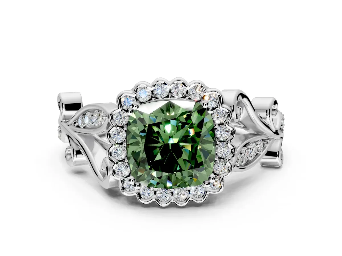 Halo Engagement Ring Setting for Fancy Green Cushion Cut Center with Leaf Motif Split Shank and Prong Head in Sterling Silver