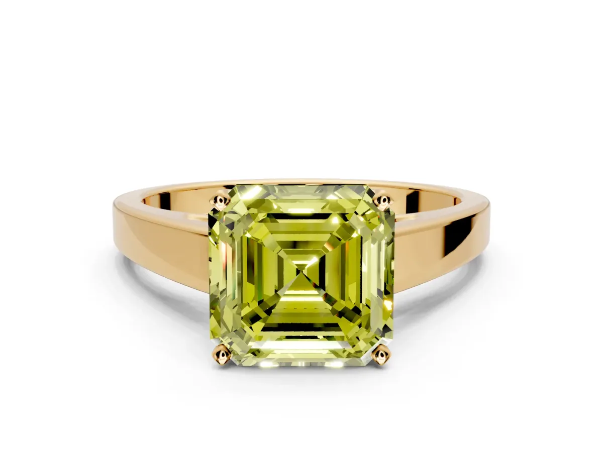 Solitaire Engagement Ring Setting for Fancy Yellow Asscher Cut Center with Tapered Split Shoulders and Prong Head in Yellow Gold