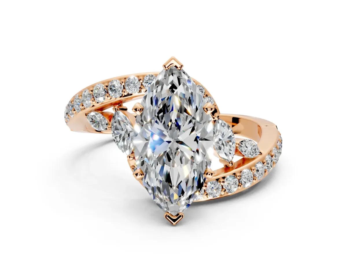 Solitaire Engagement Ring Setting for Marquise Center with Pave Bypass Twist Band and Prong Head in Rose Gold
