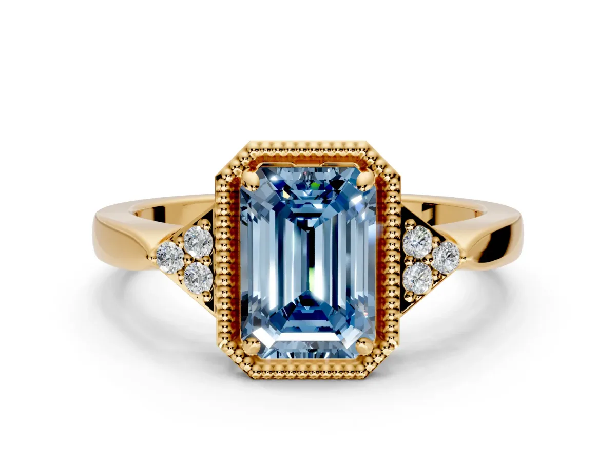 Cluster Engagement Ring Setting for Fancy Blue Emerald Cut Center with Milgrain Shoulder Clusters and Prong Head in Yellow Gold