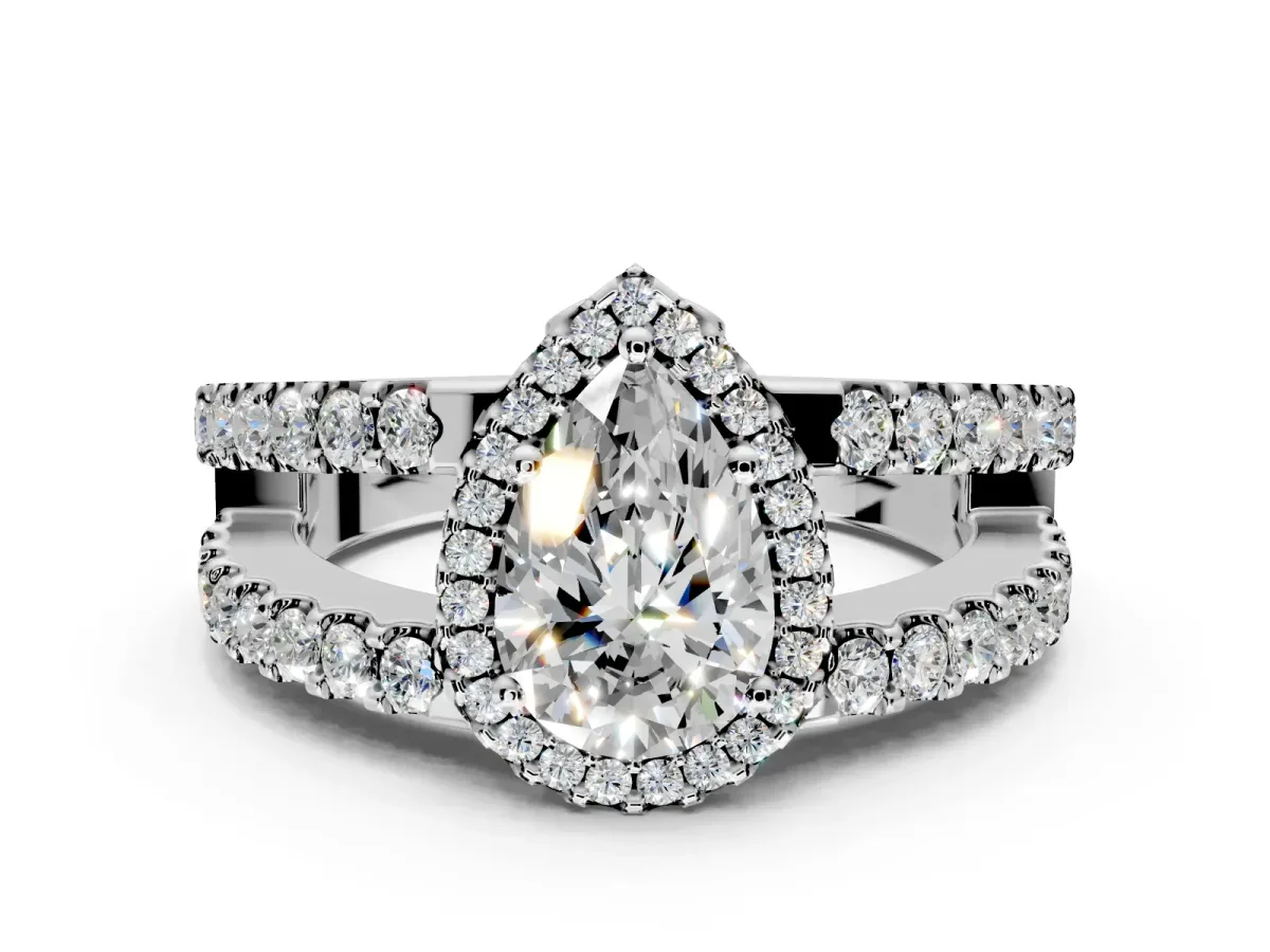 Halo Engagement Ring Setting for Pear-Shaped Center with Wide-Open Pave Split Shank and Prong Head in Sterling Silver