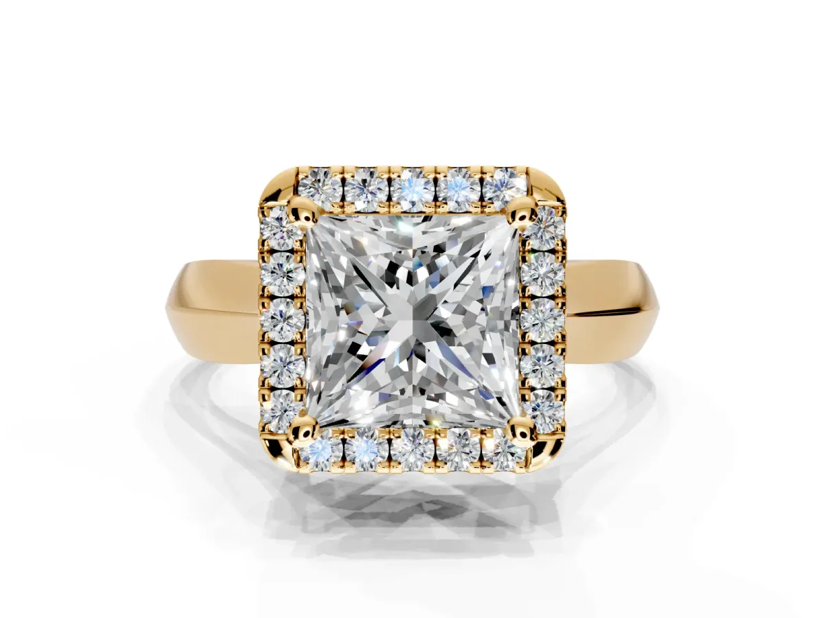 Halo Engagement Ring Setting for Princess Cut Center with Square Band and Prong Head in Yellow Gold