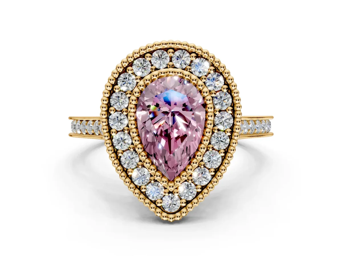 Halo Engagement Ring Setting for Fancy Pink Pear-Shaped Center with Milgrain Frame, Pave Band and Prong Head in Yellow Gold