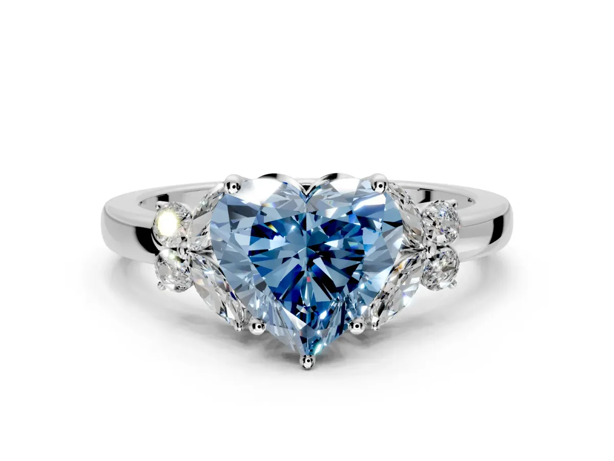 Solitaire Engagement Ring Setting for Fancy Blue Heart-Shaped Center with Marquise Flower Shoulders and Prong Head in Sterling Silver
