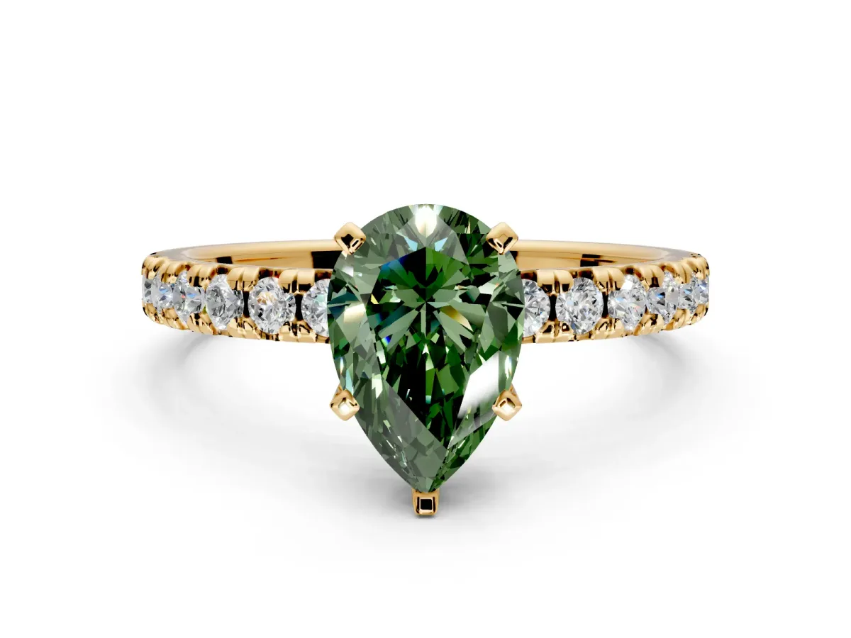 Solitaire Engagement Ring Setting for Fancy Green Pear-Shaped Center with Large Accents and Prong Head in Yellow Gold