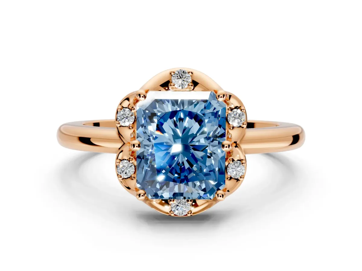 Floral Frame Engagement Ring Setting for Fancy Blue Radiant Cut Center with Accent Clusters and Prong Head in Rose Gold