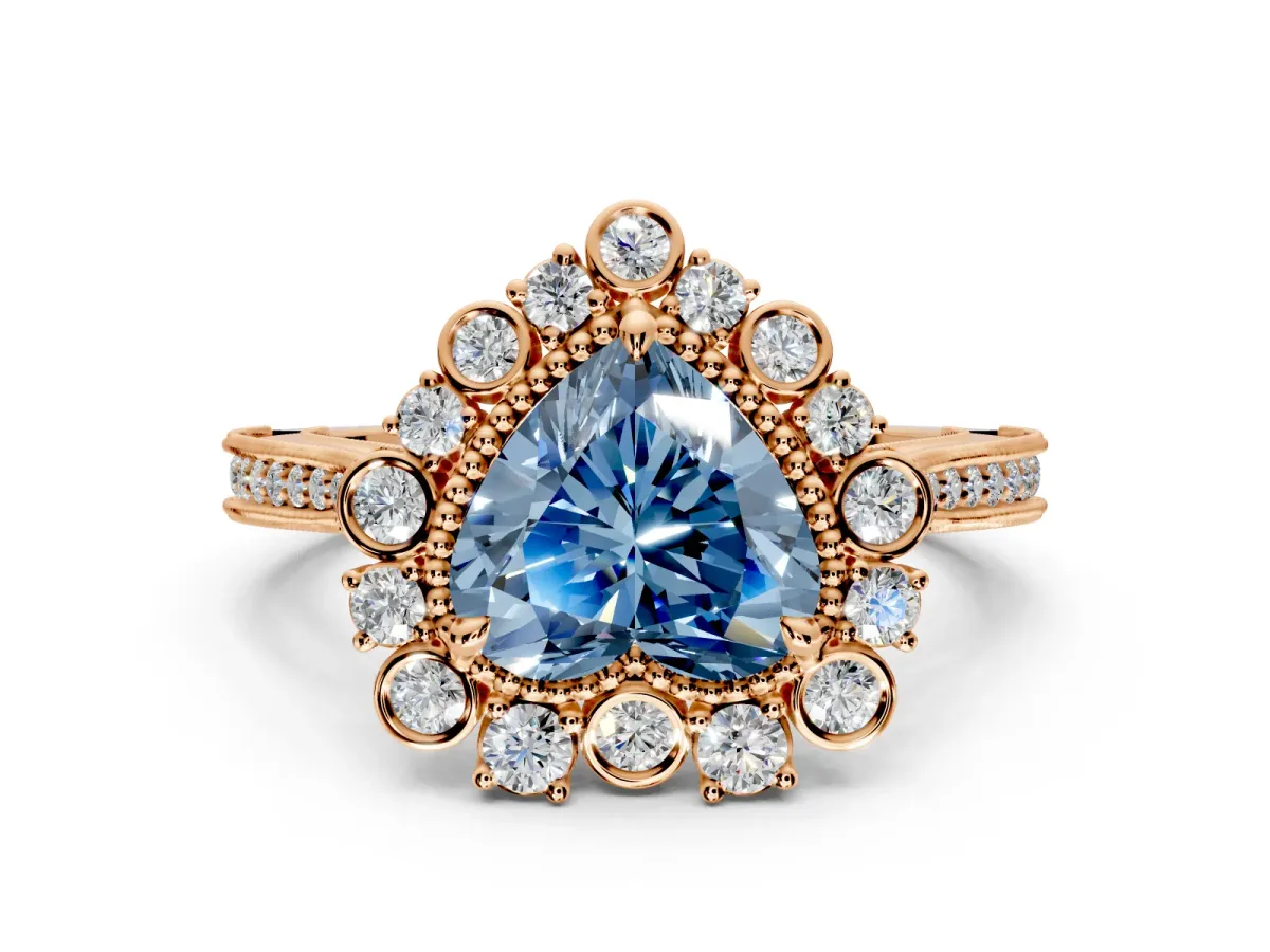 Milgrain Halo Engagement Ring Setting for Fancy Blue Heart-Shaped Center with Bezel Point Accents and Prong Head in Rose Gold