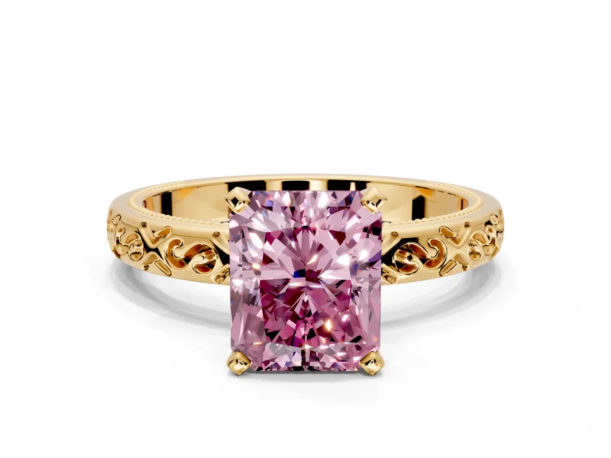 Solitaire Engagement Ring Setting for Fancy Pink Radiant Cut Center with Scrollwork Band and Prong Head in Yellow Gold