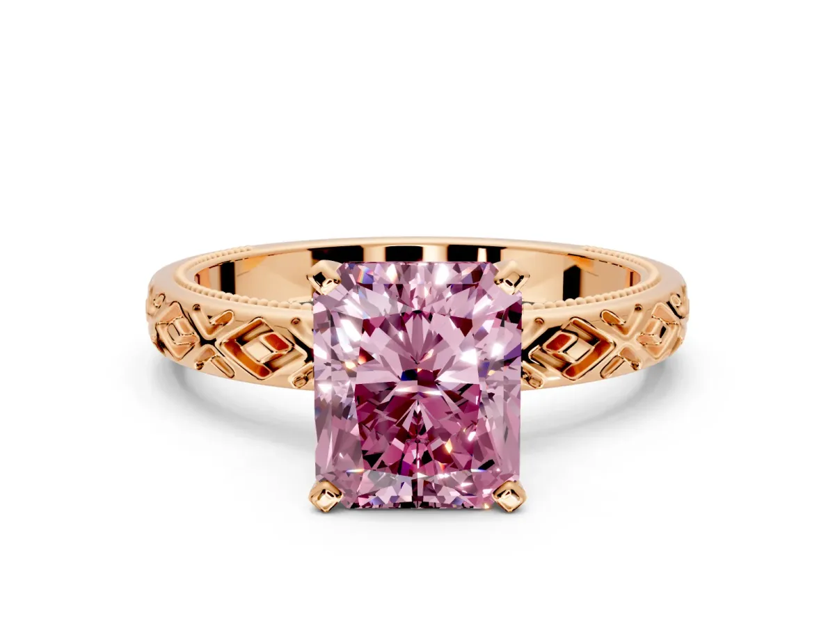 Solitaire Engagement Ring Setting for Fancy Pink Radiant Cut Center with Milgrain X Pattern Band and Prong Head in Rose Gold