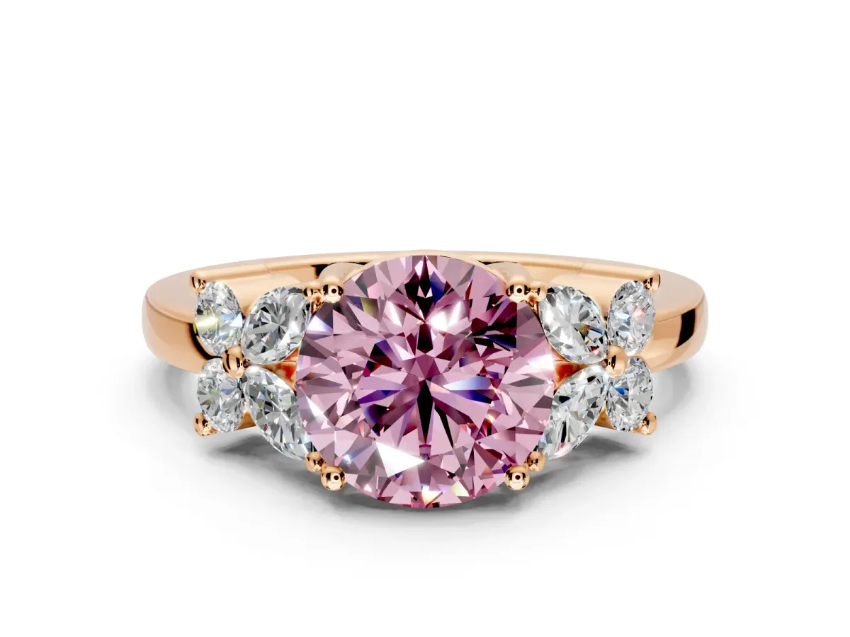 Floral Engagement Ring Setting for Fancy Pink Round Cut Center with Marquise Cluster Shoulders and Prong Head in Rose Gold