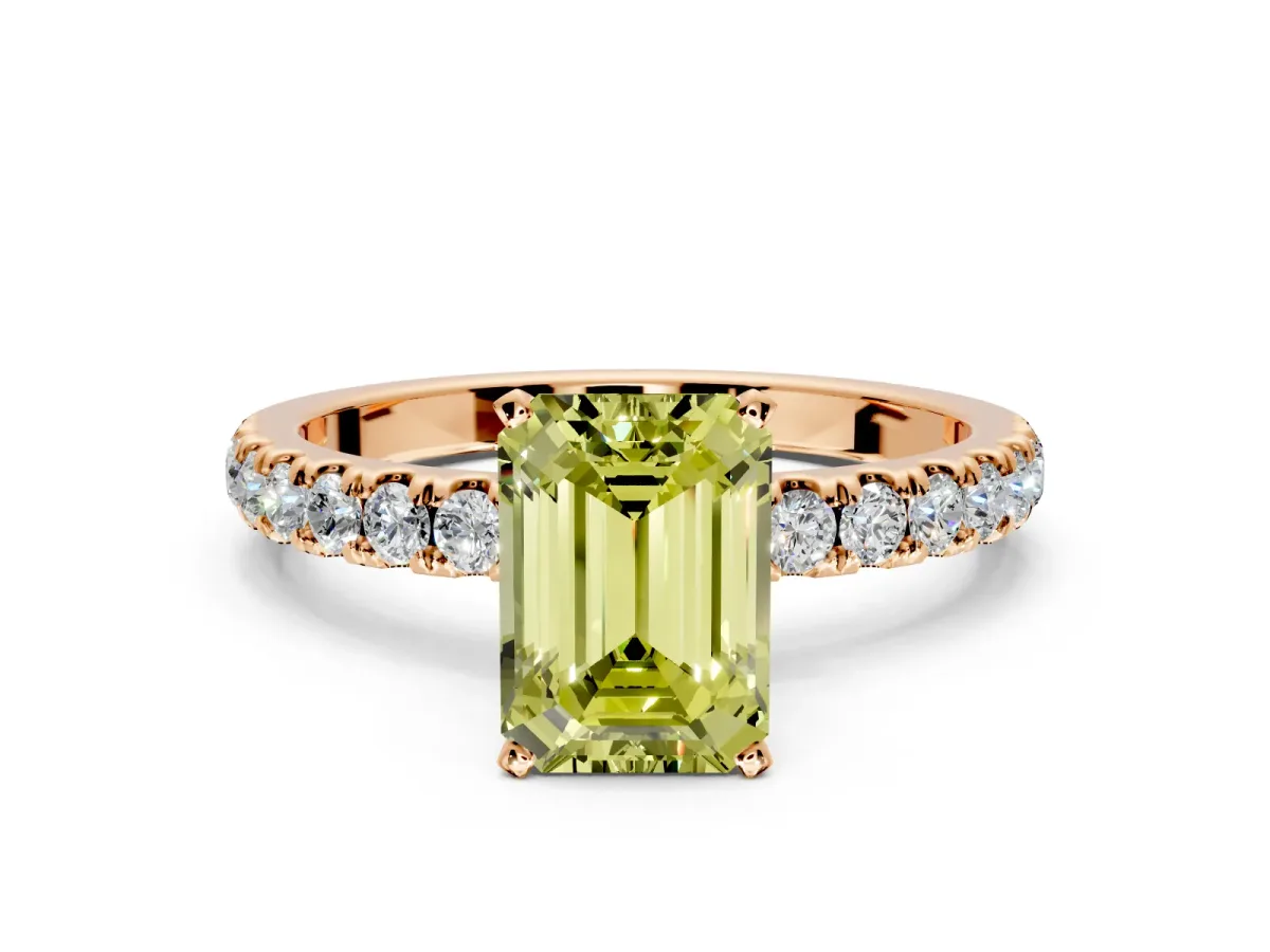 Open Basket Engagement Ring Setting for Fancy Yellow Emerald Cut Center with Pave Band and Prong Head in Rose Gold