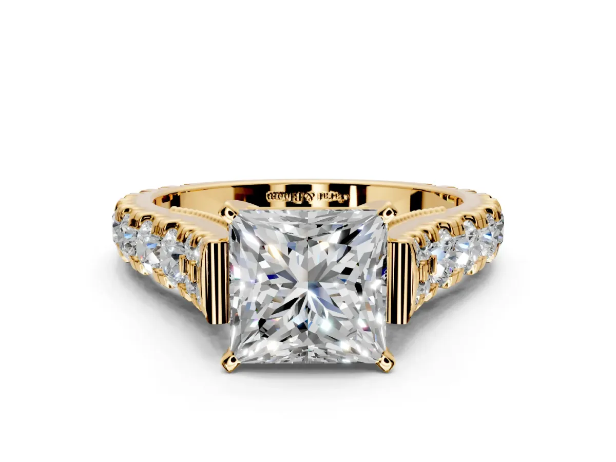 Solitaire Engagement Ring Setting for Princess Cut Center with Pave Cathedral Shoulders and Prong Head in Yellow Gold