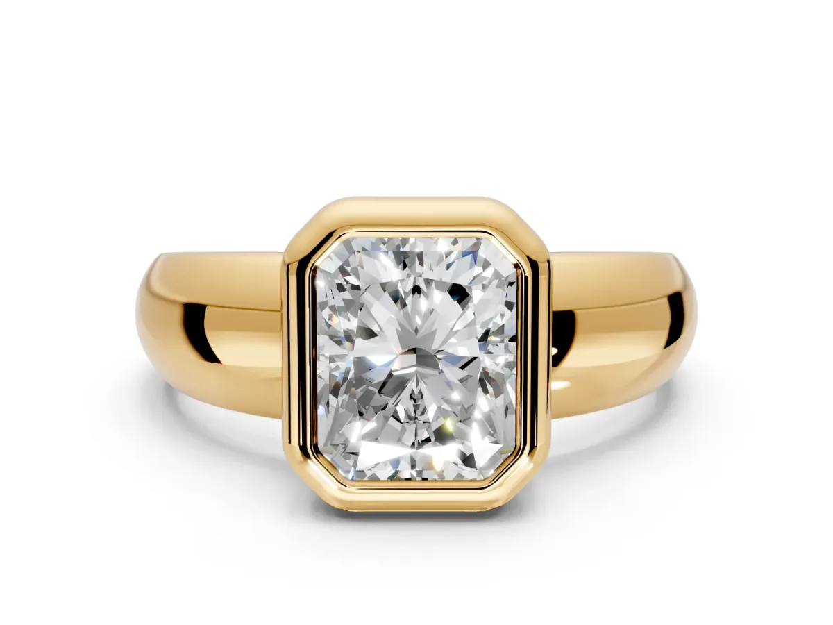 Solitaire Engagement Ring Setting for Radiant Cut Center with Wide Band and Bezel Head in Yellow Gold