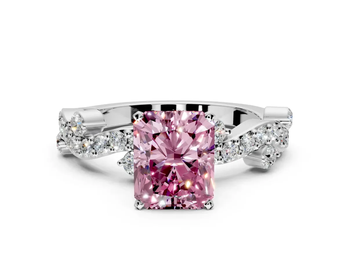 Solitaire Engagement Ring Setting for Fancy Pink Radiant Cut Center with Bar-Station Pave Twist and Prong Head in Platinum