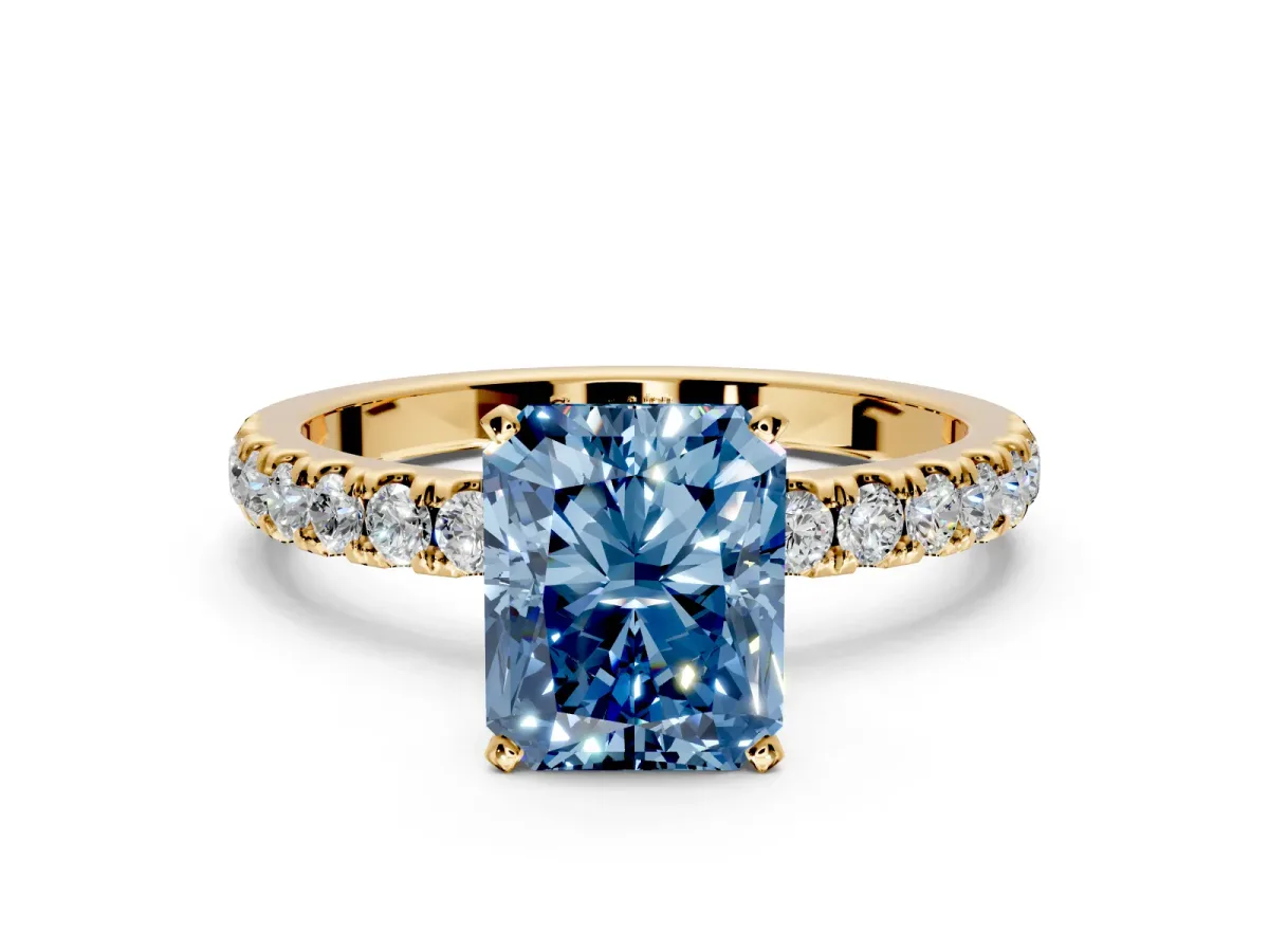 Open Basket Engagement Ring Setting for Fancy Blue Radiant Cut Center with Pave Band and Prong Head in Yellow Gold