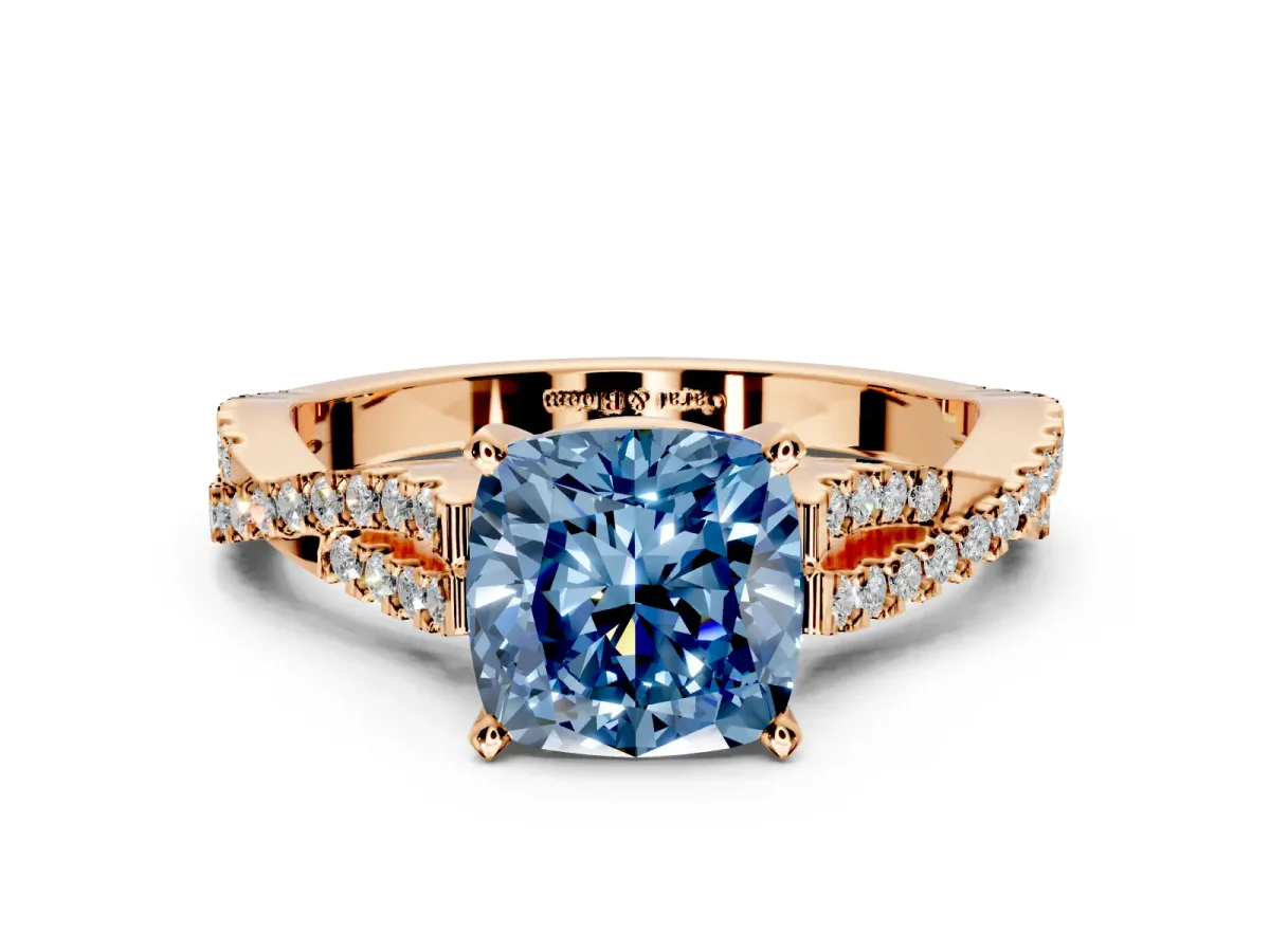 Solitaire Engagement Ring Setting for Fancy Blue Cushion Cut Center with Twisted Pave Split Shank and Prong Head in Rose Gold