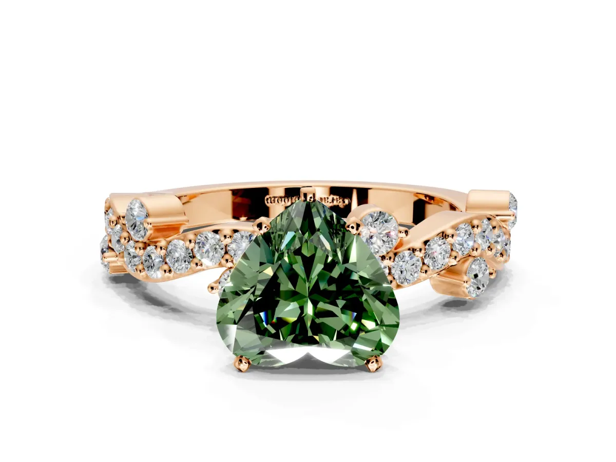 Solitaire Engagement Ring Setting for Fancy Green Heart-Shaped Center with Bar-Station Pave Twist and Prong Head in Rose Gold
