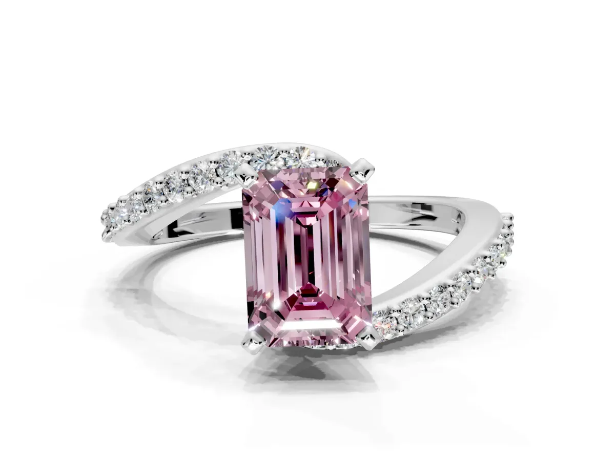 Solitaire Engagement Ring Setting for Fancy Pink Emerald Cut Center with Pave Bypass Swirl Band and Prong Head in Platinum
